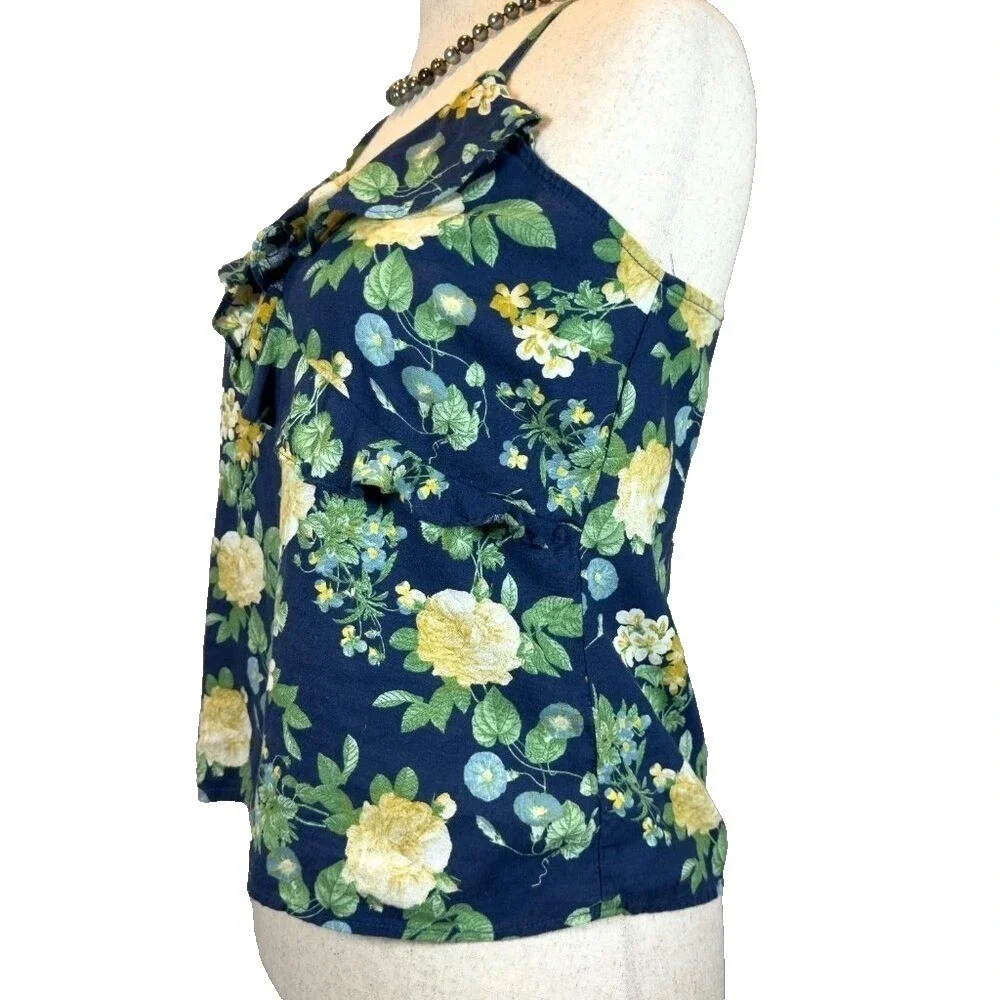Old Navy Linen Blend Boho Floral Ruffle Cami Women's Medium Blue Yellow Spring - Picture 2 of 4